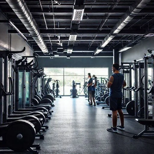AI-generated image: Dynamic, abstract silhouettes of powerful, muscular figures engaged in various exercises (lifting, running, stretching), rendered in dark charcoal against a stark, concrete-textured backdrop. The figures are partially obscured or integrated with sharp, geometric, brutalist overlays in dynamic red and neo-green, symbolizing the fusion of human strength and advanced design. The overall composition is aggressive and high-energy.